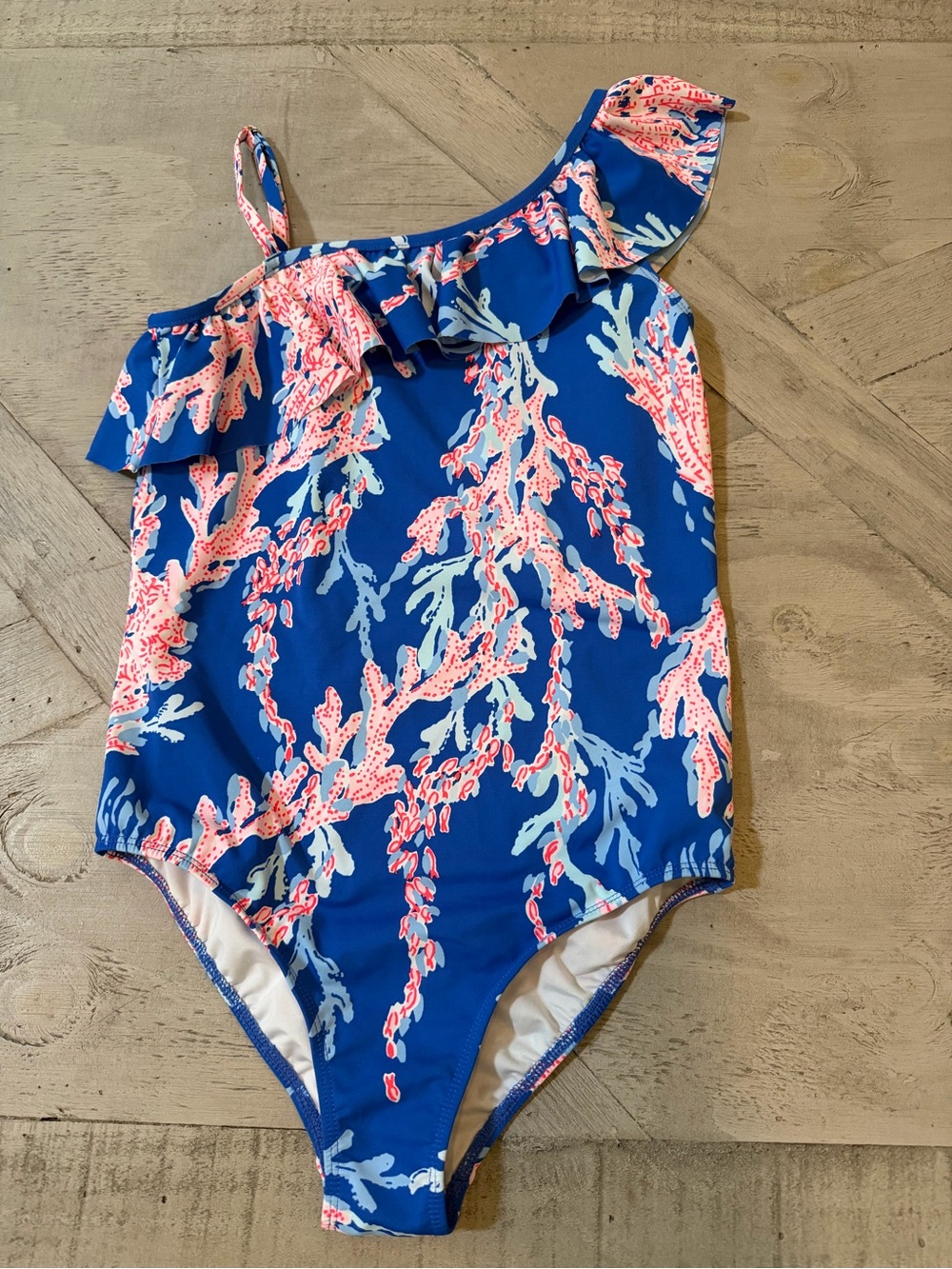 Lilly Pulitzer Borealis Blue Ruffle Swimsuit Pink Coral Print size 14 VGUC